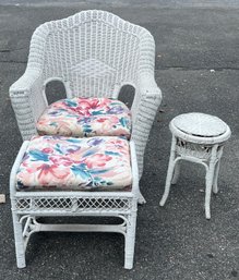 Rattan Wicker Arm Chair / Footstool & End Table Set - 3 Piece Lot