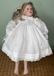 Alexander Doll Co. Porcelain Doll With Wicker Seat Chair