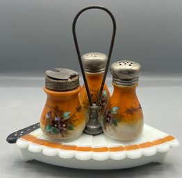 Victorian Hand Painted Milk Glass Fan Condiment Set