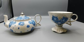 Hand Painted Blue And White Teapot & Tea Cup, 2 Piece Lot