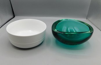 Crate And Barrel White Ceramic Bowl & Heavy Green Glass Bowl, 2 Piece Lot