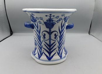 Chinoiserie Blue & White Porcelain Floral Flared Jardiniere Planter Vase