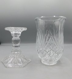 Cut Glass Candle Holder And Hurricane Lamp Shade, 2 Piece Lot