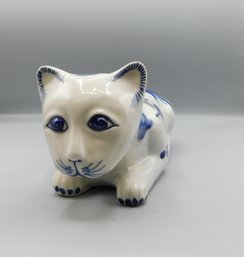 Vintage Blue And White Hand Painted Porcelain Cat