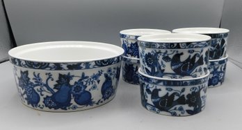 Ramekin Blue & White Floral Bird Souffl Dishes, 7 Piece Lot