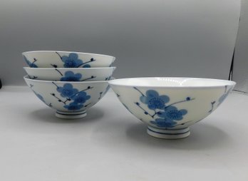 Blue & White Hand Painted Rice Bowls, 4 Piece Lot