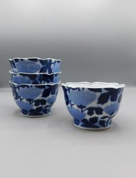 Japanese Blue And White Hand-painted Floral Tea Cups, 4 Piece Lot