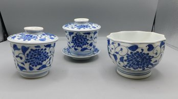 Hand Painted Porcelain Blue And White Tableware, 3 Piece Lot