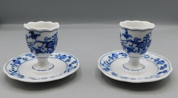 Krissen Germany Porcelain Egg Cups With Attached Under Plate, 2 Piece Lot