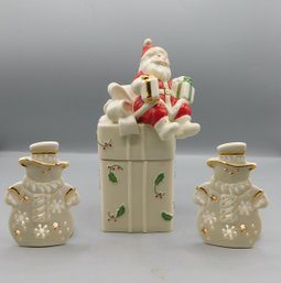 Lenox Merry Musicals Santa Box & 2 Lenox Holiday Snowman Tea Light Holder - 3 Piece Lot