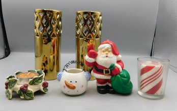 Lot Of Christmas Candles/holders 6 Piece Lot