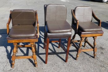 Lot Of 3 Solid Wood With Leather Seat Bar Stools