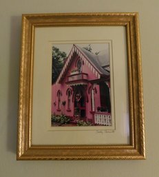 Sally Saniuta Martha's Vineyard Cape Cod Pink Gingerbread House Framed Print, Signed