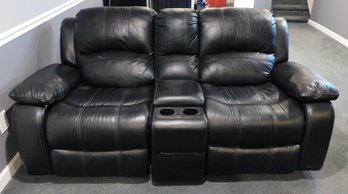 Black Leather Double Rocking & Reclining Sofa W Storage Console