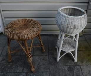 Wicker Stool & Plant Stand, 2 Piece Lot