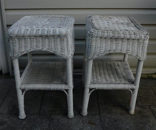 Pair Of White Wicker End Tables