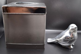 Chrome Tissue Box & Bird Figurine- 2 Pieces