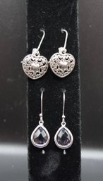 Silver Tone Heart & Faux Amethyst Earrings- 2 Pairs