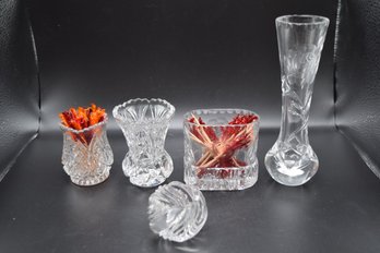 Crystal Trinket Vases, Crystal Bud Vase And Crystal Votive Holder -  5 Pieces