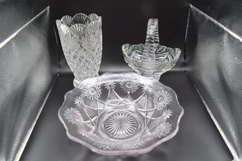 Crystal Basket, Crystal Vase, And Crystal Centerpiece Bowl - 3 Piece Lot