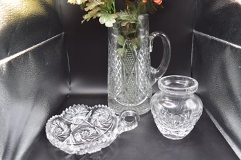 Crystal Hobstar Candy Dish With Thumbprint Handle, Pitcher, And Vase - 3 Piece Lot