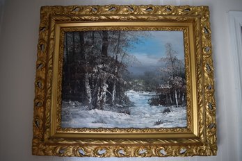 H. Gleason Signed Oil Painting 'winter Mountain' Gold Gilt Ornate Frame