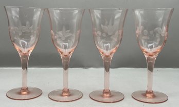 Vintage Pink Optic Etched Glass Goblet Set - 11 Total