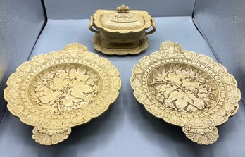 Vintage Ceramic Floral Pattern Bowl Lidded Butter Dish - 4 Pieces Total