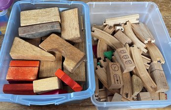 Lot Of Wooden Blocks And Wooden Toy Trains