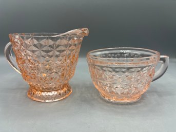Jeanette Co. Pink Depression Glass Button And Bows Pattern Mug And Creamer Set - 2 Pieces Total