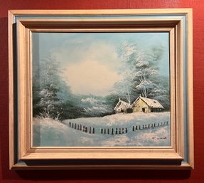Artist Signed Oil On Canvas Framed - Winter Cabin