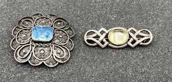 925 Silver Yellow Labradorite Cabochon  & Faceted Blue Topaz Brooch / Pins - 2 Total - .59 OZT Total