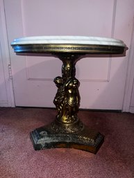 Marble Top Brass Tone Cherub Side Table