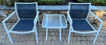 Outdoor Aluminum Mesh-back Chairs With Glass-top End Table - 3 Piece Set