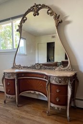 Vintage Louis XV French Provincial Inlaid Wooden 7-drawer Vanity With Attached Wood Framed Mirror