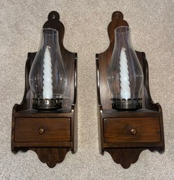 Vintage Wooden Wall Sconce Candle Holders With Glass Dome - 2 Total