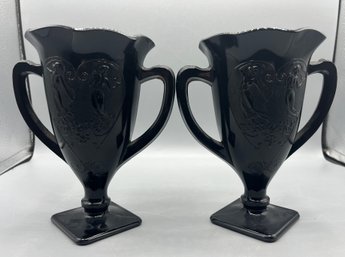 LE Smith Co. Black Amethyst Loving Cup Pattern Double Handle Trophy Vases - 2 Total