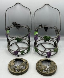 Decorative Grape Pattern Metal Candle Holders With Handle - 2 Total