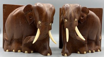 Solid Wood Carved Elephant Style Bookends - 2 Total