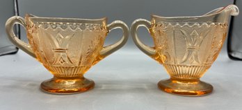 Westmoreland Princess Feather Pattern Amber Glass Sugar Bowl And Creamer Set - 2 Pieces Total