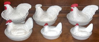 Milk Glass Covered Nesting Hen Bowls - 6 Total
