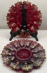 Ruby Red Glass Plate Set With Gold Pattern Trim - 2 Total