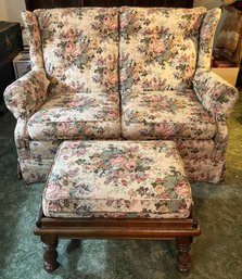 Victors Custom Floral Upholstered Love Seat With Wooden Frame Upholstered Foot Rest Included