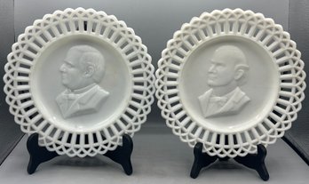 Antique Milk Glass Laced Edge Pattern Plates - 2 Total - Williams Jennings Bryan / President McKinley