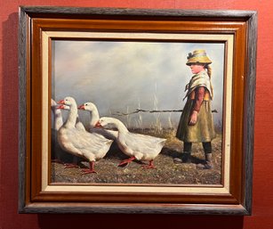 Artist Signed Oil On Canvas Framed  - ' Girl With Ducks'
