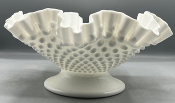 Fenton Milk Glass Hobnail Pattern Ruffled Edge Footed Bowl