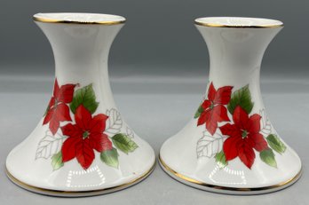 Porcelain Holly Pattern Candlestick Holders - Made In Japan - 2 Total