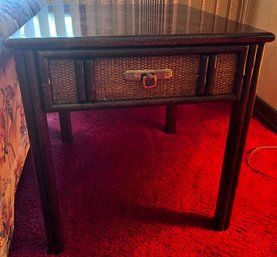 Drexel Rattan Detail Side Table With Lacquered Top