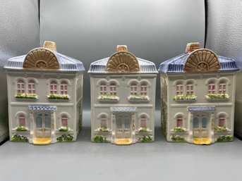 Avon Townhouse Canister Collection Hand Painted Ceramic Collectible Houses - 3 Total