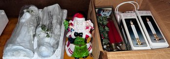 Assorted Christmas Decor Lot- Santa Trinket Box, Lights, Ceramic Angels